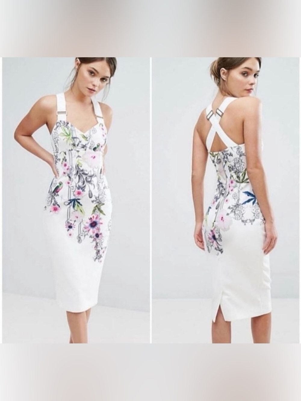 Ted Baker Scarlin Passion Flower Bodycon Midi Dress white base with flowers SZ 1
